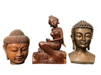 Three Carved Wood Statues, Buddha, Goddess