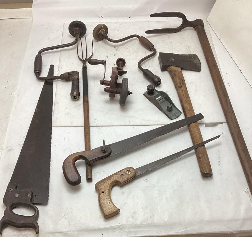 ASSORTED VTG. TOOLS, HAND SAWS, AX, HAND DRILL,