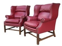 Red Leather Wingback Chairs, Pair