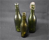 3 Green Antique Bottles