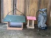 Two birdfeeders & fake owl