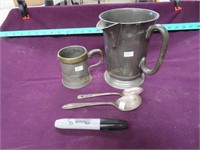 Pewter Pitcher, Cup and Flatware
