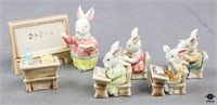 Porcelain Rabbit Schoolhouse Figurines / 7 pc