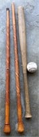 2 ornate walking sticks, baseball bat, baseball