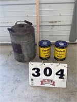 Vintage gas can & 2 unopened Cen-Pe-Co Oil cans,