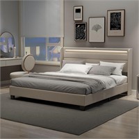 King Size Bed Frame with LED  Upholstered  Beige
