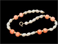 14K Gold Freshwater Pearl and Coral Bracelet