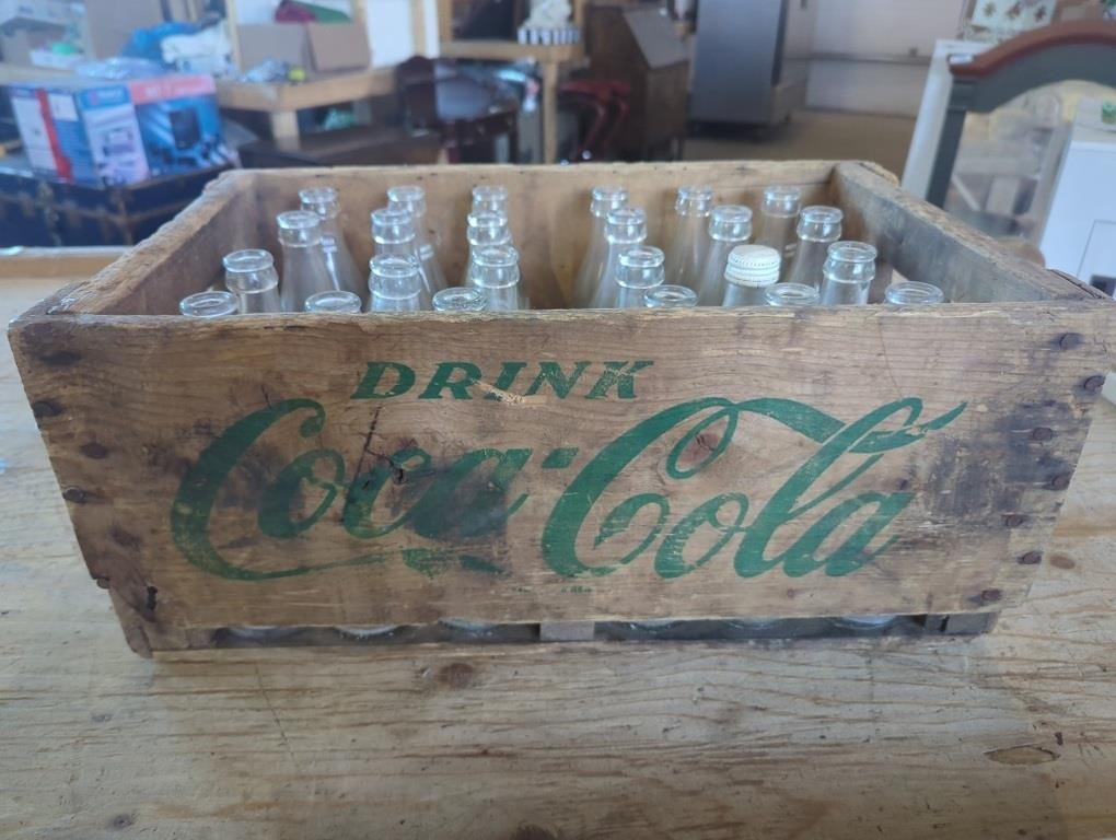 24 Antique Coca-Cola Bottles in Wooden Crate 9" x