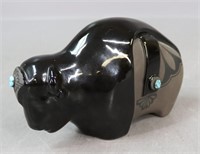 Glazed Pottery American Buffalo Figurine / Signed
