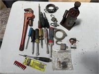 Screwdrivers, bottle jack, wrench, locks