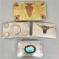 4 silver, brass, etc. belt buckles - 1 set with