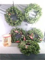 Five 24" Diameter Christmas Wreaths plus Large