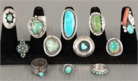 12 sterling, etc. rings set wtih turquoise, coral,