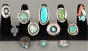 12 sterling, etc. rings set with turquoise, coral,