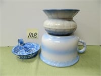 (3) Blue & White Pottery Pieces - Chamber Pot,