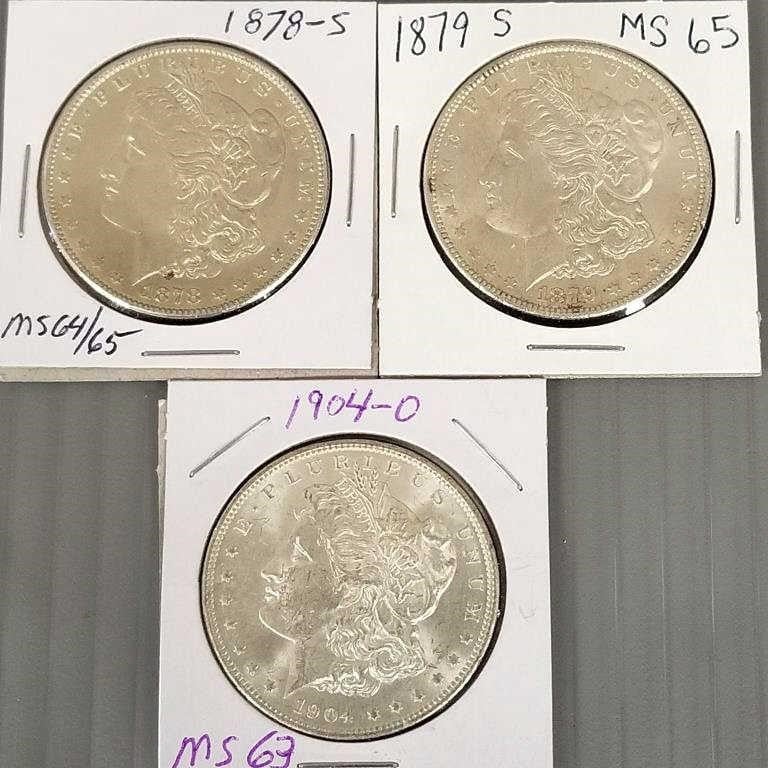 3 Morgan silver dollars - 1878-S, 1879-S, 1904-O