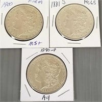 3 Morgan silver dollars - 1881-S, 1890-P, 1900-P