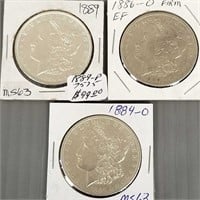 3 Morgan silver dollars - 1884-O, 1886-O, 1889-P