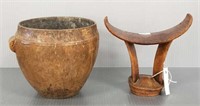 2 antique carved wood African pieces - headrest &