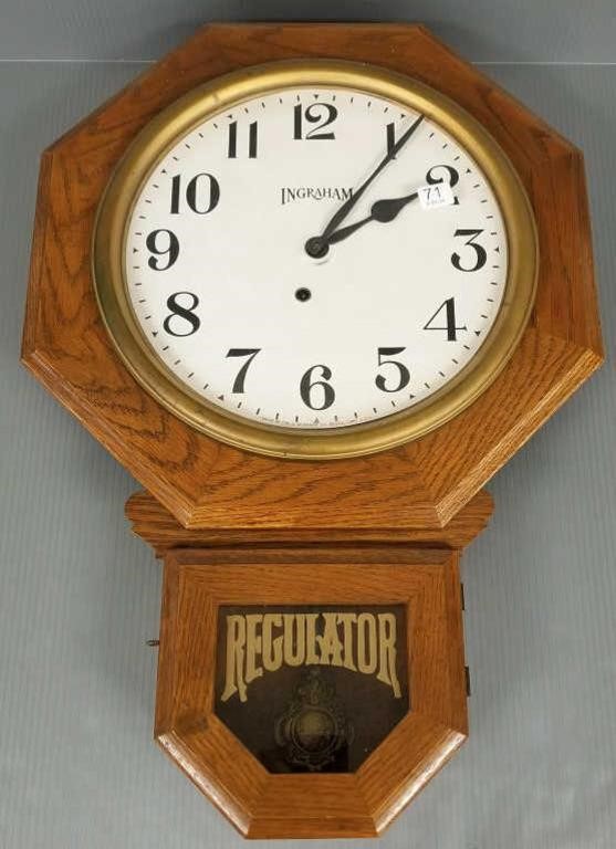 Antique oak regulator wall clock with key