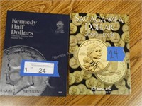 2 Folders of 17 Kennedy half dollars and 3 Sacagaw