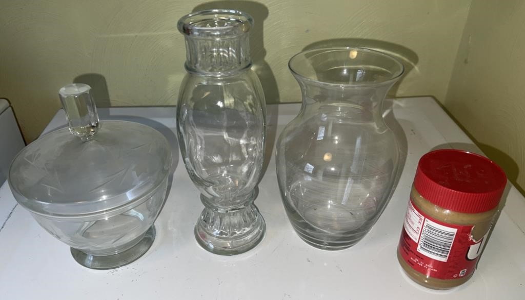 2 glass vases & 1 fancy glass candy bowl