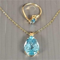 10K gold pendant & ring set with blue topaz - 6.6