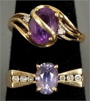 14K gold ring set with purple stones & diamonds -