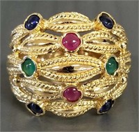 14K gold ring set with cabochon, rubies, emeralds,