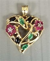 10K gold heart  pendant set with rubies, emeralds,
