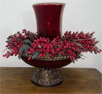 Red centerpiece w faux berries & candle holder