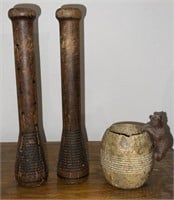 Vintage thread spindles, pottery w bear hanging