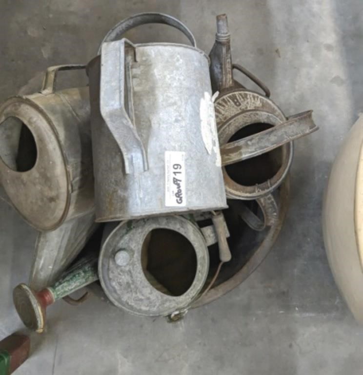 GROUP OF GALVANIZED WATERING CANS, PAN
