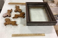 Wood frame & wood animal figures lot