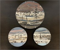 3 Painted artisian wall hanging plates