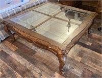 Large wooden coffee table w glass inserts