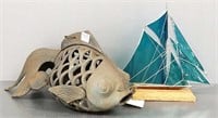 Cast iron koi lantern 14" & stained glass sailboat