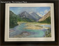 Black framed mountain & river painting