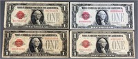 4pc 1928 Red Seal $1 Legal Tender Notes