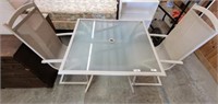 METAL GLASS TOP PATIO TABLE, 2 CHAIRS