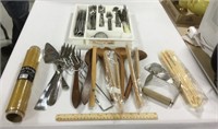 Kitchen lot w/ utensils, silverware, plastic wrap