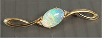 14K gold pin set with oval opal & tiny diamond -