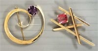 2 tested 14K gold artist pins set with stones -