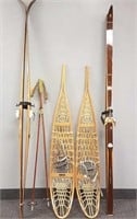 Pair of wooden snow shoes & 2 pair of cross