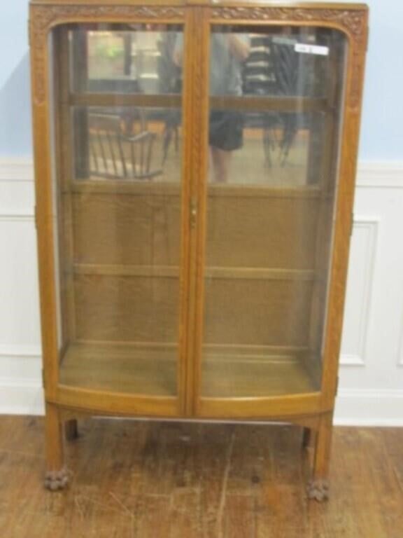 1890'S TIGER OAK CURIO CABINET BOW FRONT W/ CARVIN