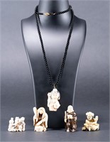 Chinese Signed Netsuke Figurines & Necklace