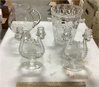 Misc lot w/ glass candle holders & pitcher