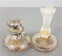2 vintage perfume bottles - 1 with silver overlay;
