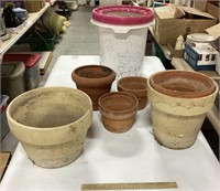 7-Clay pots w/ bucket of dirt