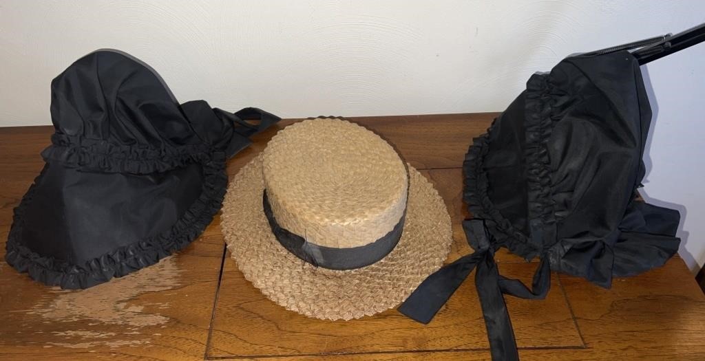 Fancy Empire State Straw Hat & 2 Black Bonnets